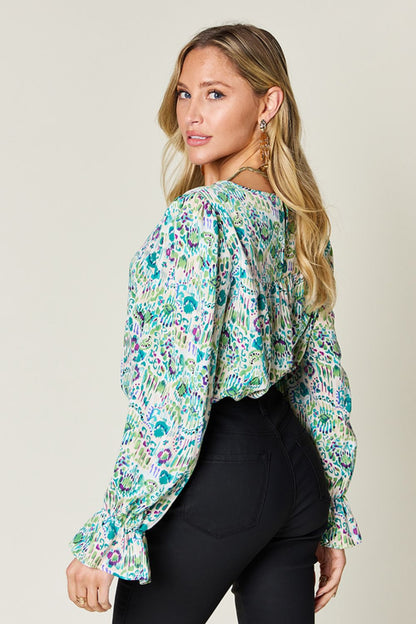 Long Sleeve Printed Flounce Sleeve Blouse - Eclectage