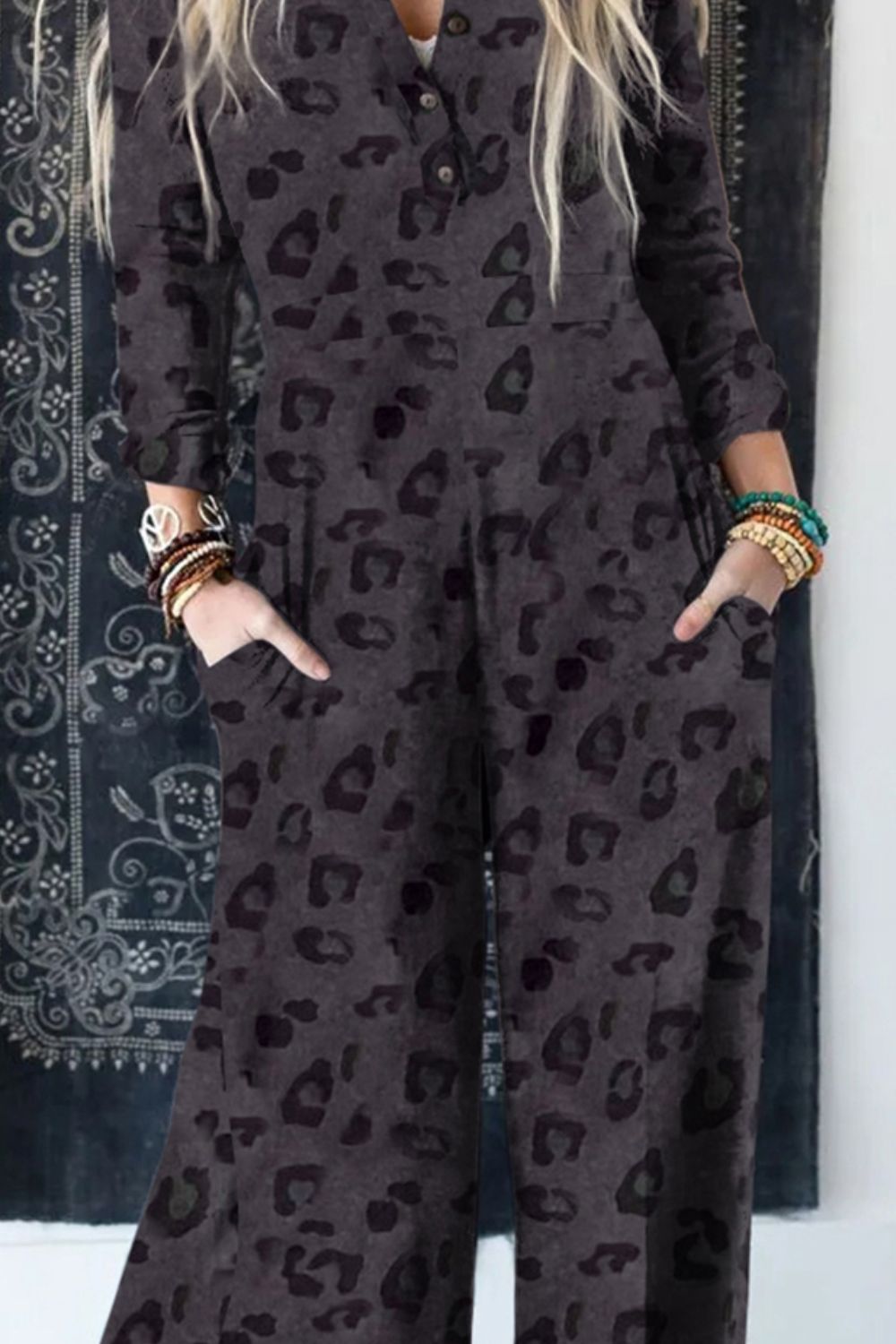 Dark Gray Leopard Buttoned Wide Leg Jumpsuit