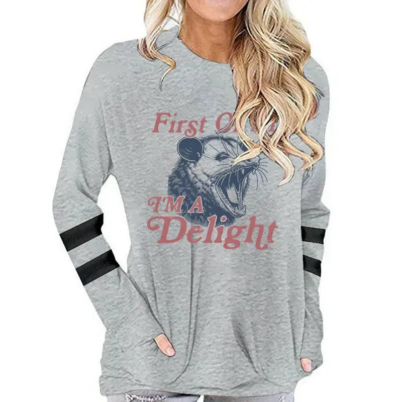 First of All I’m A Delight Possum Graphic T Shirts Women Funny Animal Vintage Retro Tshirt Angry Opossum Long-sleeved