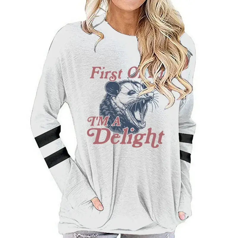 First of All I’m A Delight Possum Graphic T Shirts Women Funny Animal Vintage Retro Tshirt Angry Opossum Long-sleeved