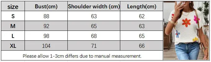 Floral Applique White Short Sleeve Sweater Sweaters