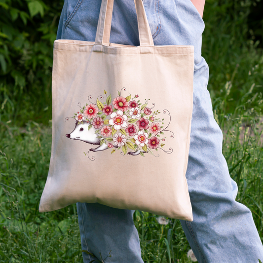 Floral Hedgehog Cotton Canvas Tote Bag