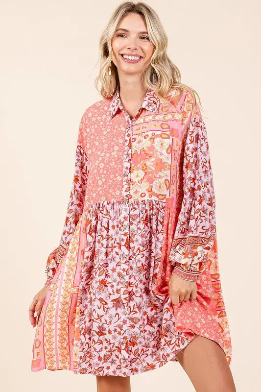 Floral Long Sleeve Shirt Dress - Eclectage