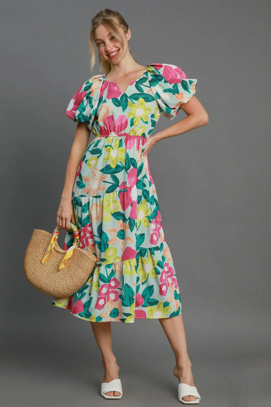 Umgee Full Size Tiered Floral Print Notched Puff Sleeve Midi Dress Plus Size - Eclectage