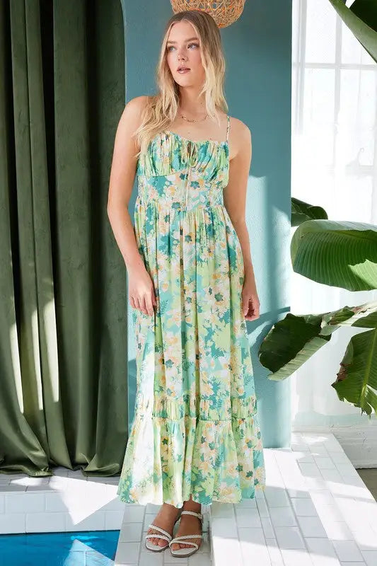 Floral Smocked Back Ruffled Hem Maxi Cami Dress - Eclectage