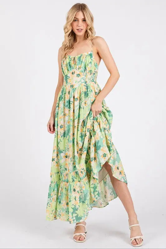 Floral Smocked Back Ruffled Hem Maxi Cami Dress - Eclectage