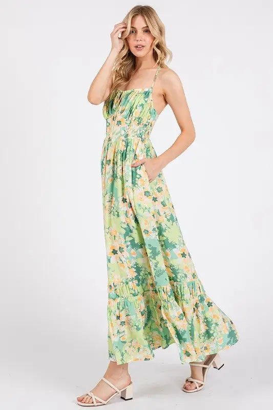 Floral Smocked Back Ruffled Hem Maxi Cami Dress - Eclectage