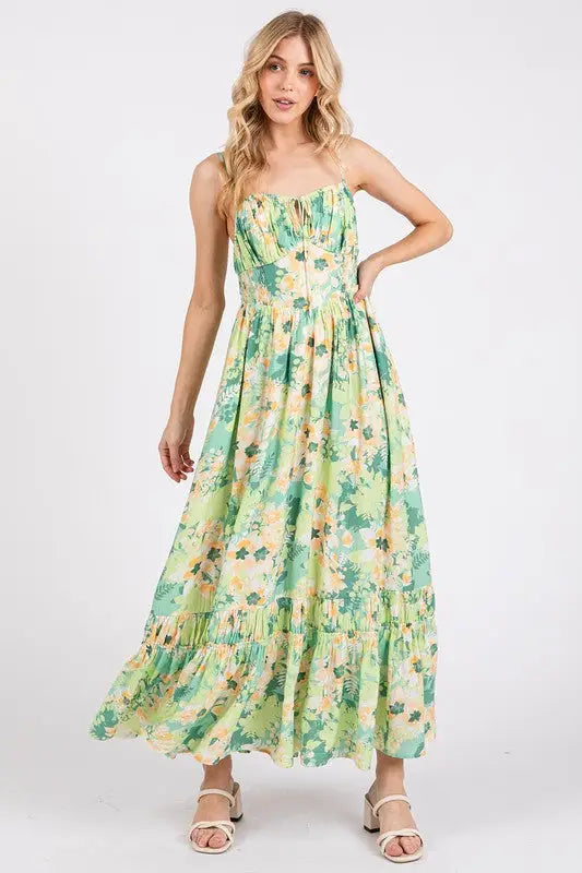 Floral Smocked Back Ruffled Hem Maxi Cami Dress - Eclectage