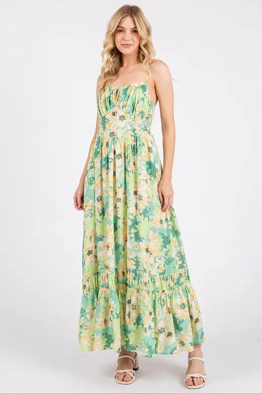 Floral Smocked Back Ruffled Hem Maxi Cami Dress - Eclectage