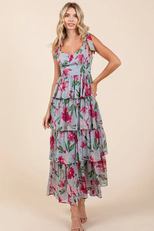 Mittoshop Layered Floral Sweetheart Neck Maxi Dress - Eclectage