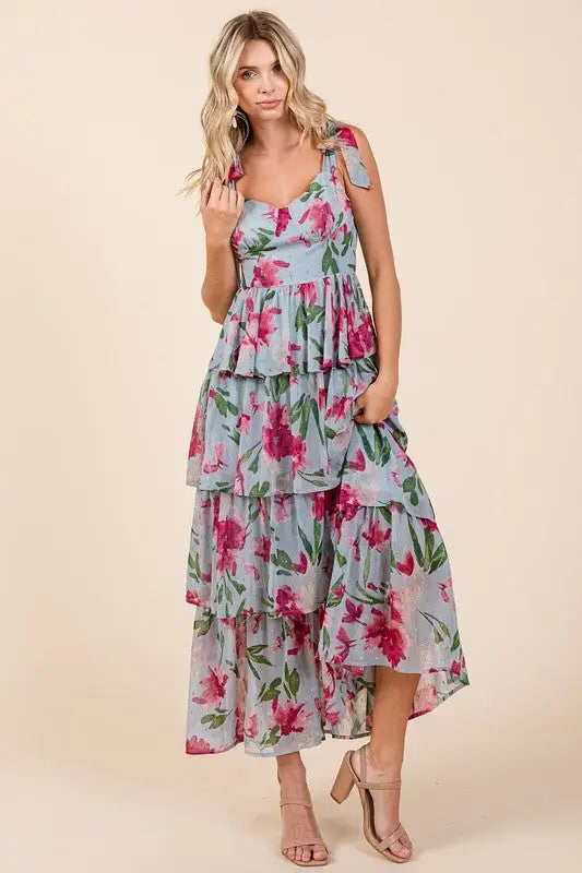 Mittoshop Layered Floral Sweetheart Neck Maxi Dress - Eclectage