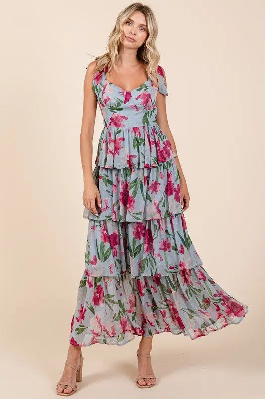 Mittoshop Layered Floral Sweetheart Neck Maxi Dress - Eclectage