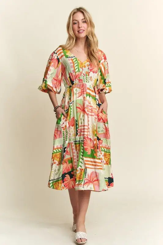 Floral V - Neck Puff Sleeve Midi Dress - Midi Dresses