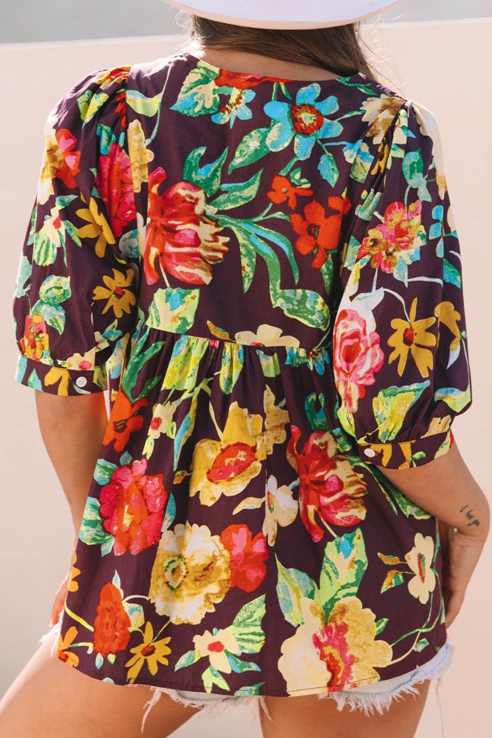 Flower Embroidered Trim Half Sleeve Blouse - Eclectage