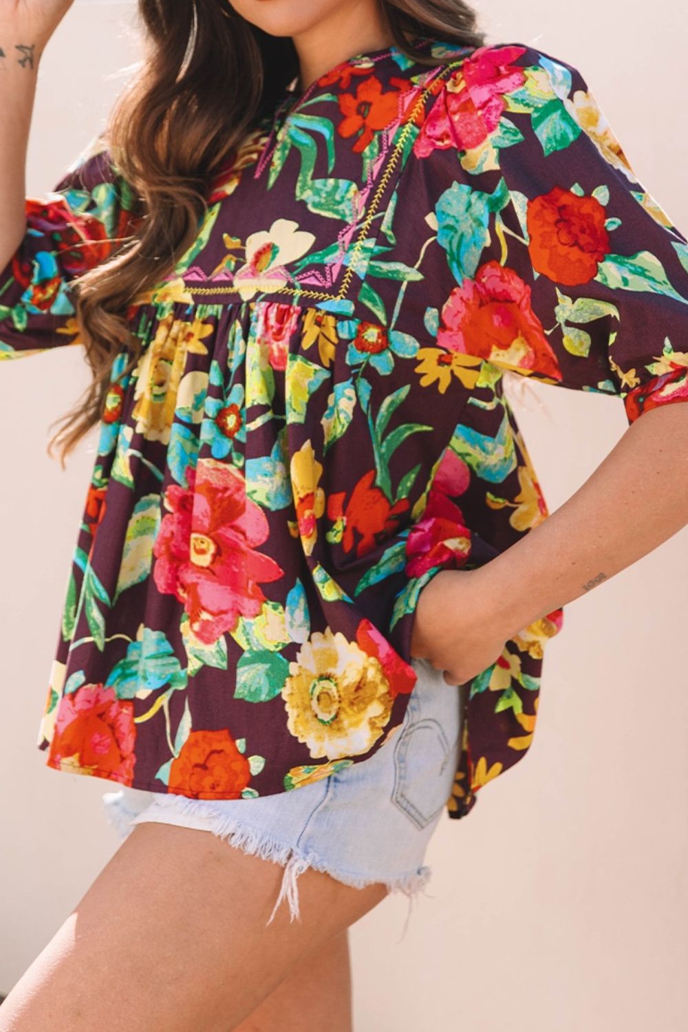 Flower Embroidered Trim Half Sleeve Blouse - Eclectage