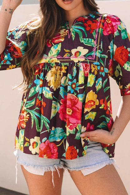 Flower Embroidered Trim Half Sleeve Blouse - Eclectage