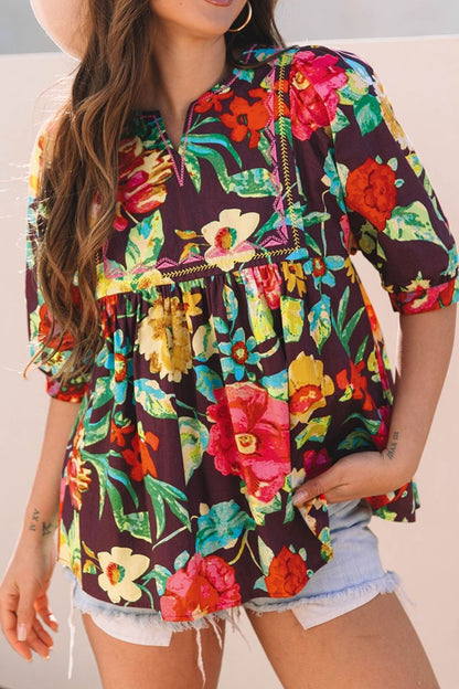 Flower Embroidered Trim Half Sleeve Blouse - Eclectage