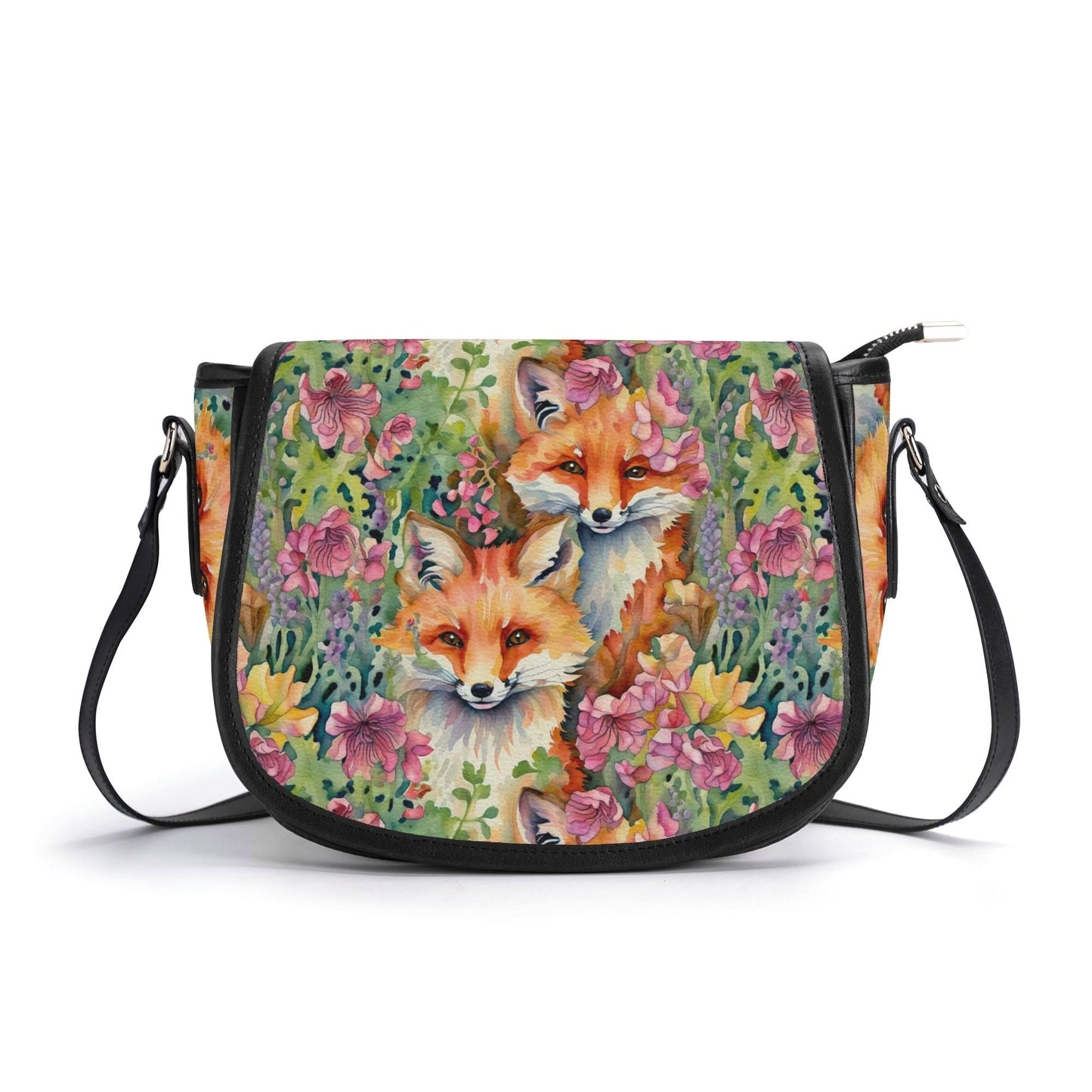 Foxes and Flowers Faux Leather Saddle Bag Womens Shoulder Bag for Animal Lover Naturecore Forestcore Handbag Floral