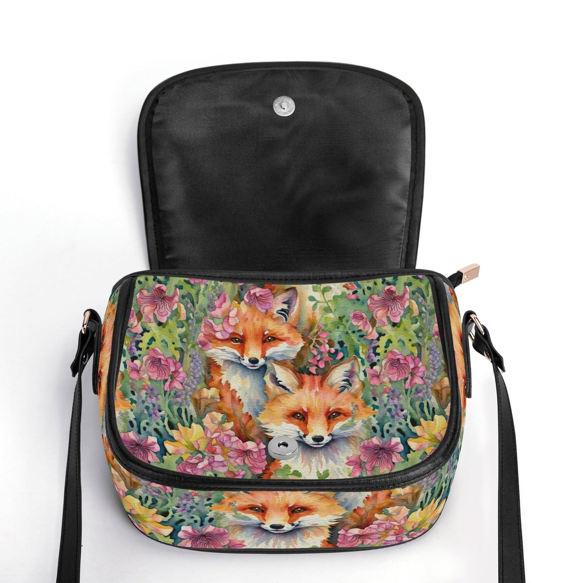 Foxes and Flowers Faux Leather Saddle Bag Womens Shoulder Bag for Animal Lover Naturecore Forestcore Handbag Floral