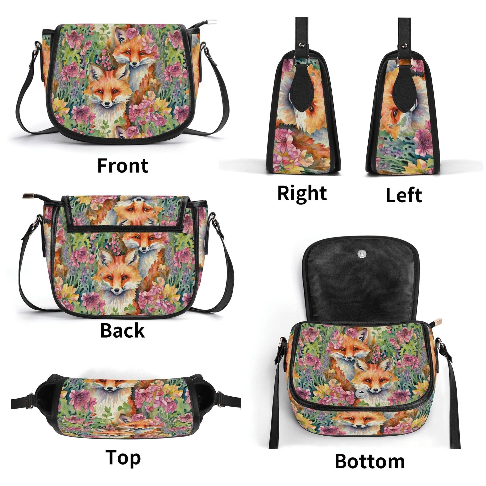 Foxes and Flowers Faux Leather Saddle Bag Womens Shoulder Bag for Animal Lover Naturecore Forestcore Handbag Floral