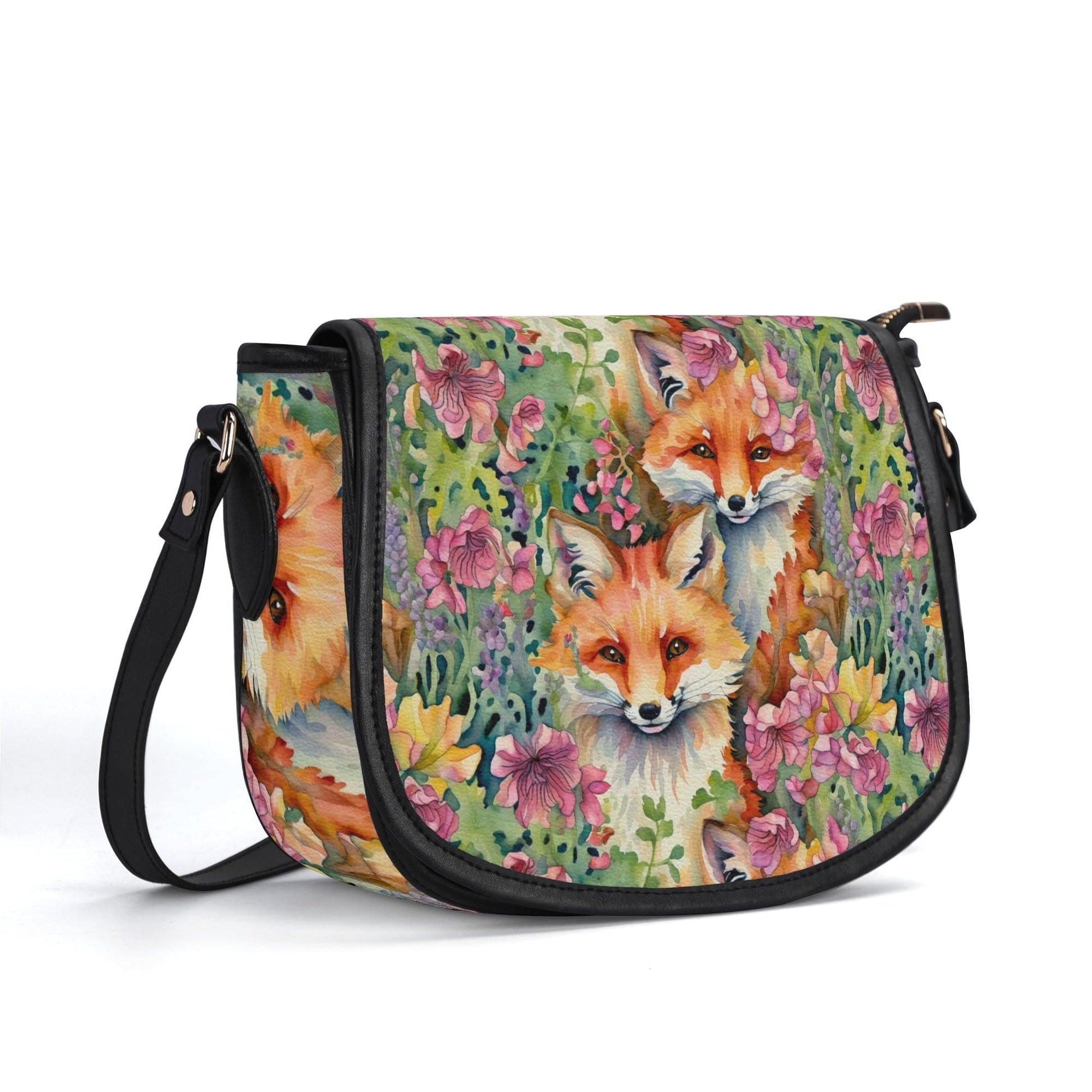 Foxes and Flowers Faux Leather Saddle Bag Womens Shoulder Bag for Animal Lover Naturecore Forestcore Handbag Floral