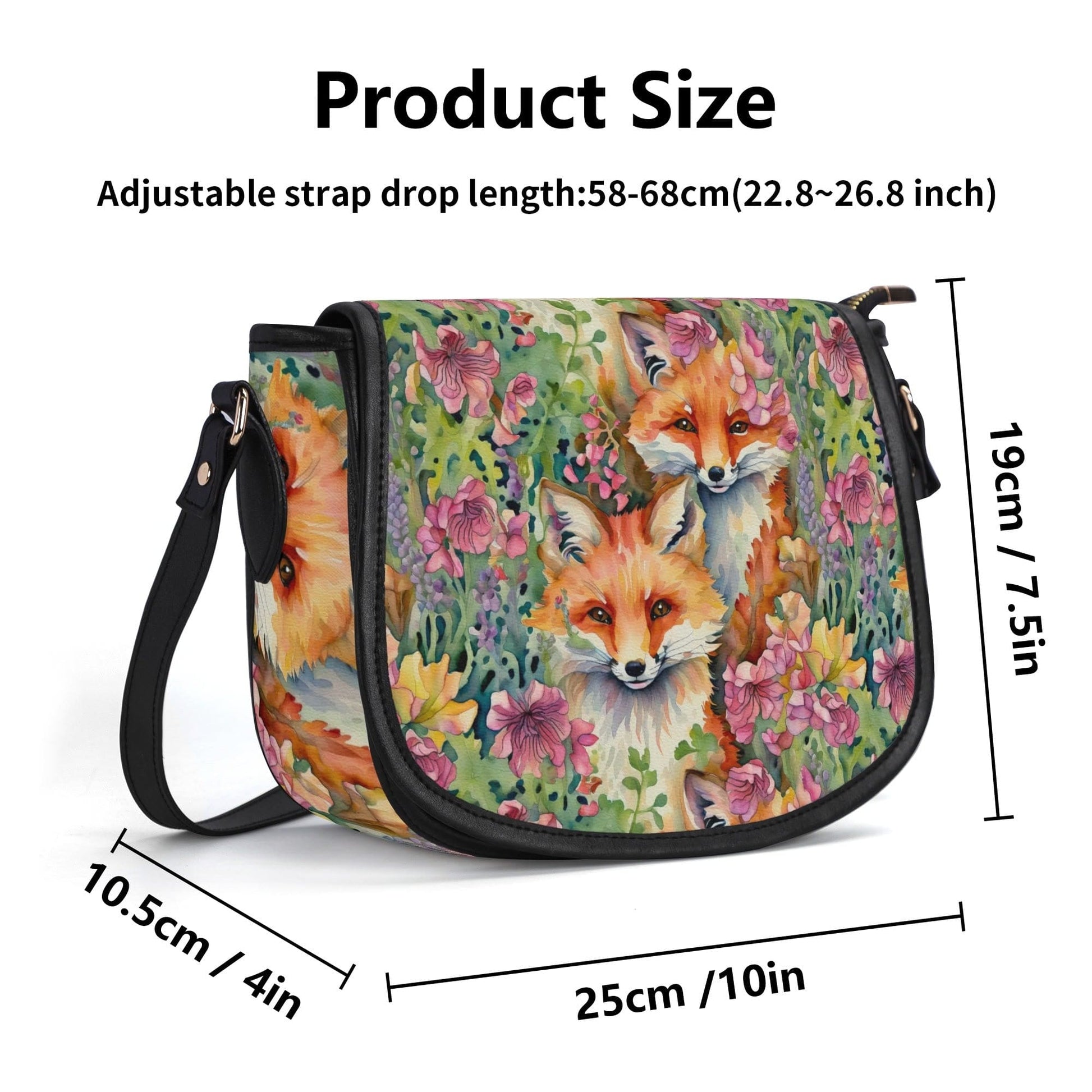 Foxes and Flowers Faux Leather Saddle Bag Womens Shoulder Bag for Animal Lover Naturecore Forestcore Handbag Floral