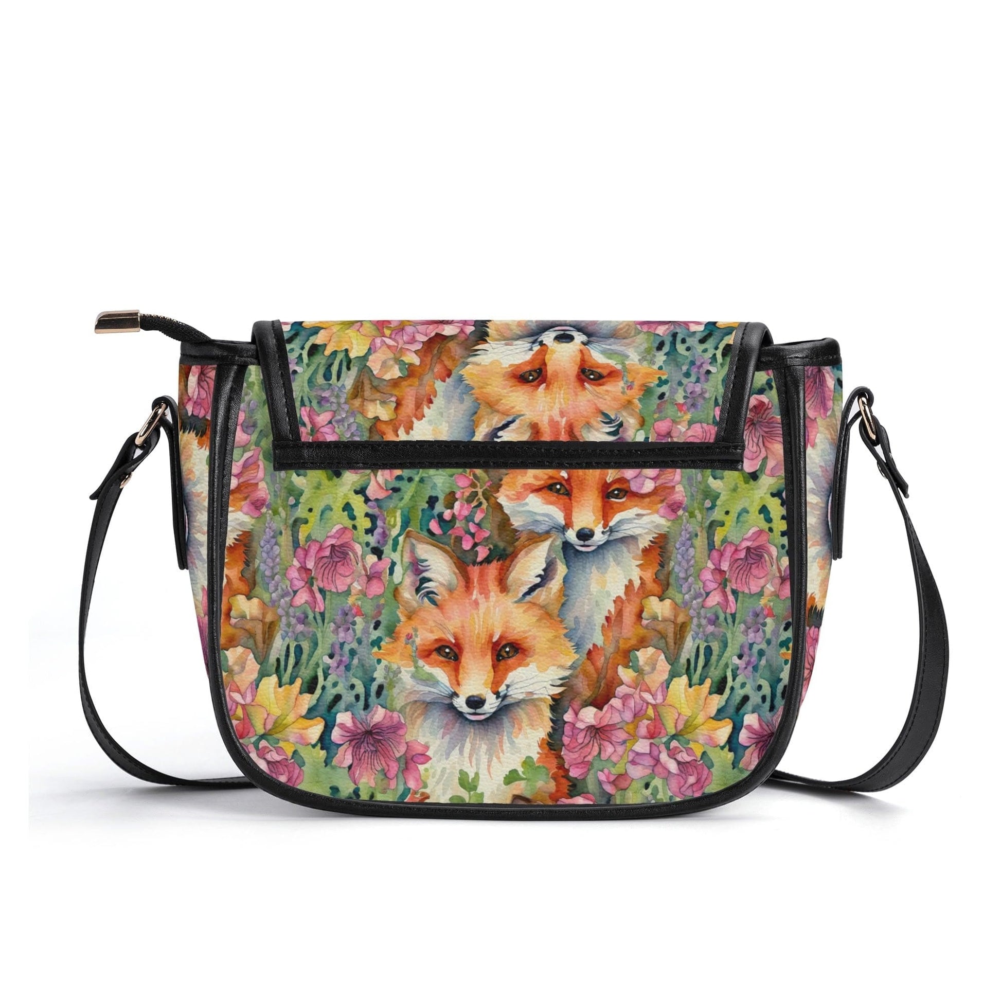 Foxes and Flowers Faux Leather Saddle Bag Womens Shoulder Bag for Animal Lover Naturecore Forestcore Handbag Floral