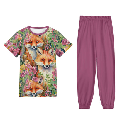 Foxes and Flowers Shirt and Pants Set - Womens Adult Casual Loungewear Sleepwear 2 Pc Outfit