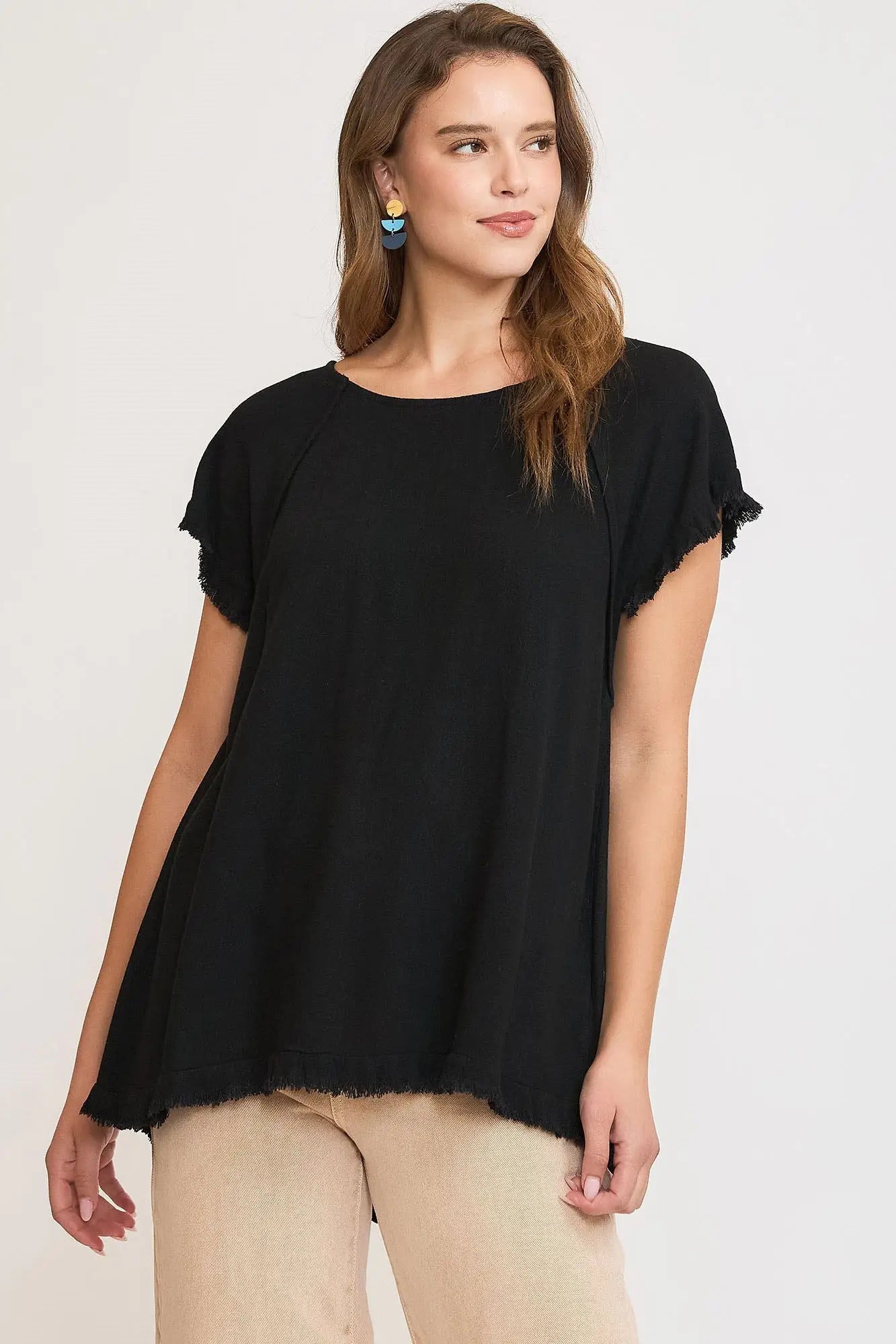 Umgee Full Size Seam Detail Linen Ruffle Fringe Edge Top Plus Size - Eclectage