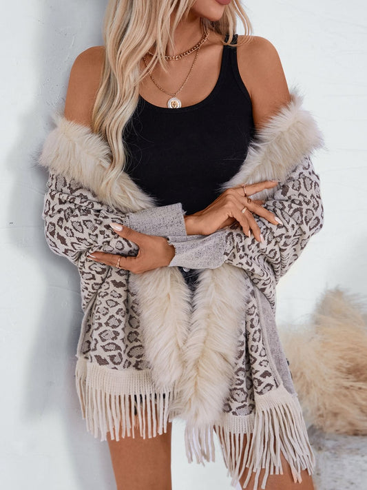 Fringe Leopard Open Front Long Sleeve Poncho - Eclectage