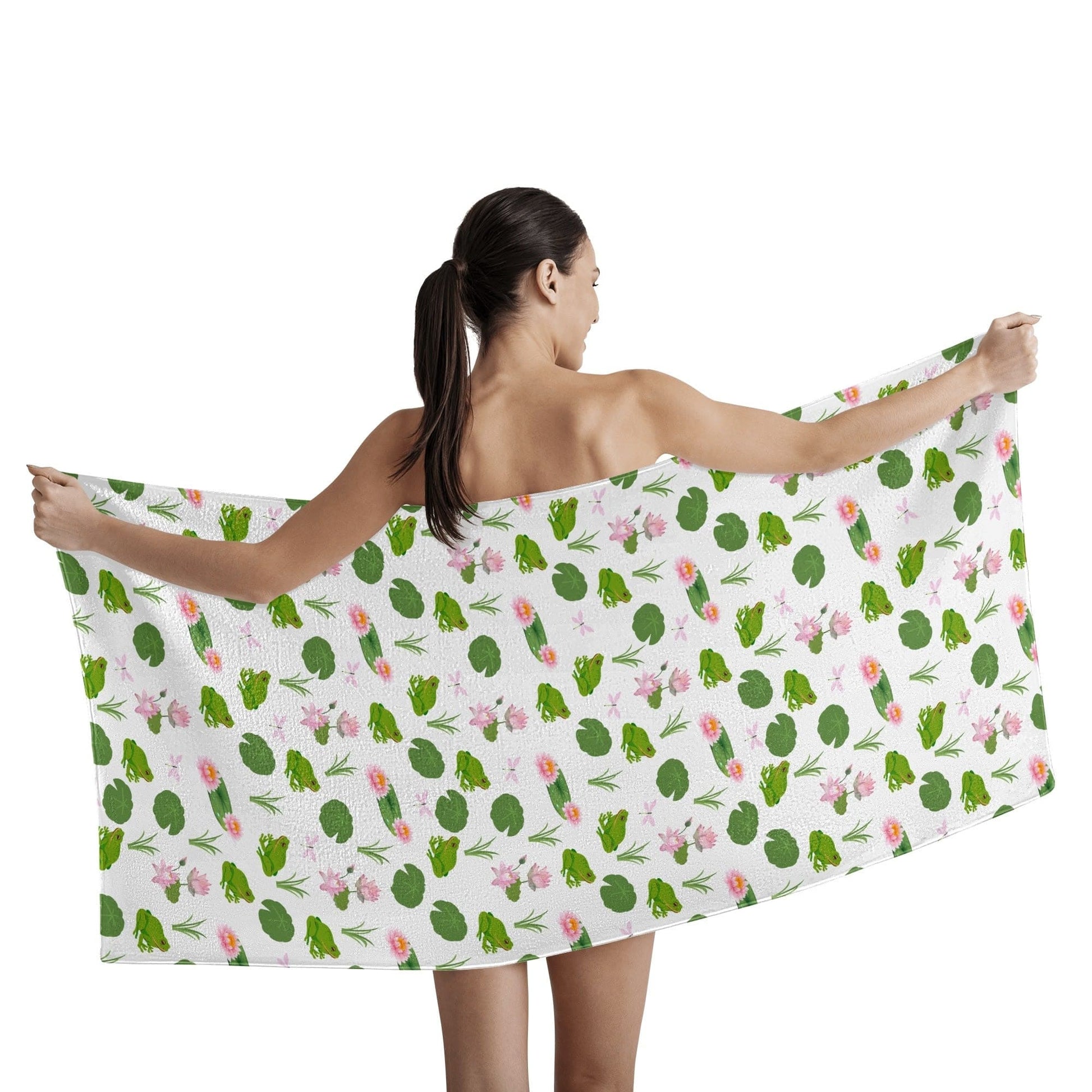 Frog Print Soft Bath Towel 2 Sizes - print includes lilypads flowers and logs