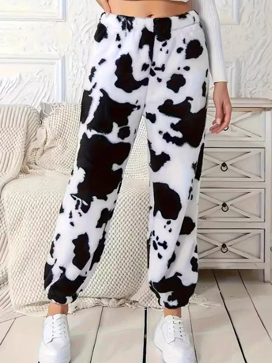 Fuzzy Cow Print Elastic Waist Pants for Sleepwear or Loungewear - S to 2X