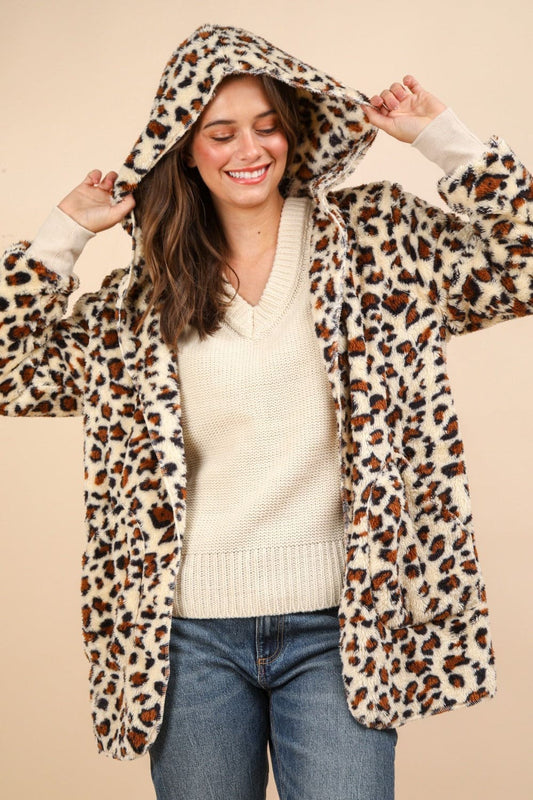 Fuzzy Leopard Long Sleeve Hooded Cardigan