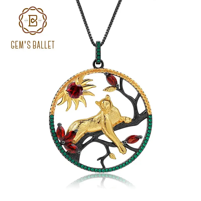 GEM’S BALLET 1.64Ct Natural Red Garnet Handmade Leopard on the Tree Pendant Necklace 925 Sterling Silver Fine Jewelry