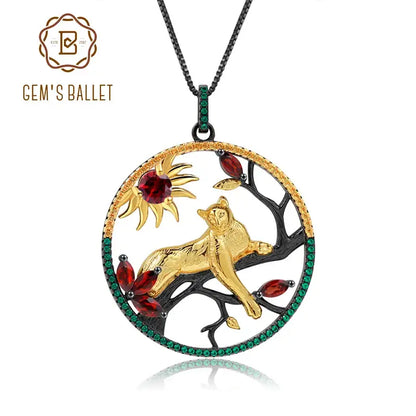 GEM’S BALLET 1.64Ct Natural Red Garnet Handmade Leopard on the Tree Pendant Necklace 925 Sterling Silver Fine Jewelry