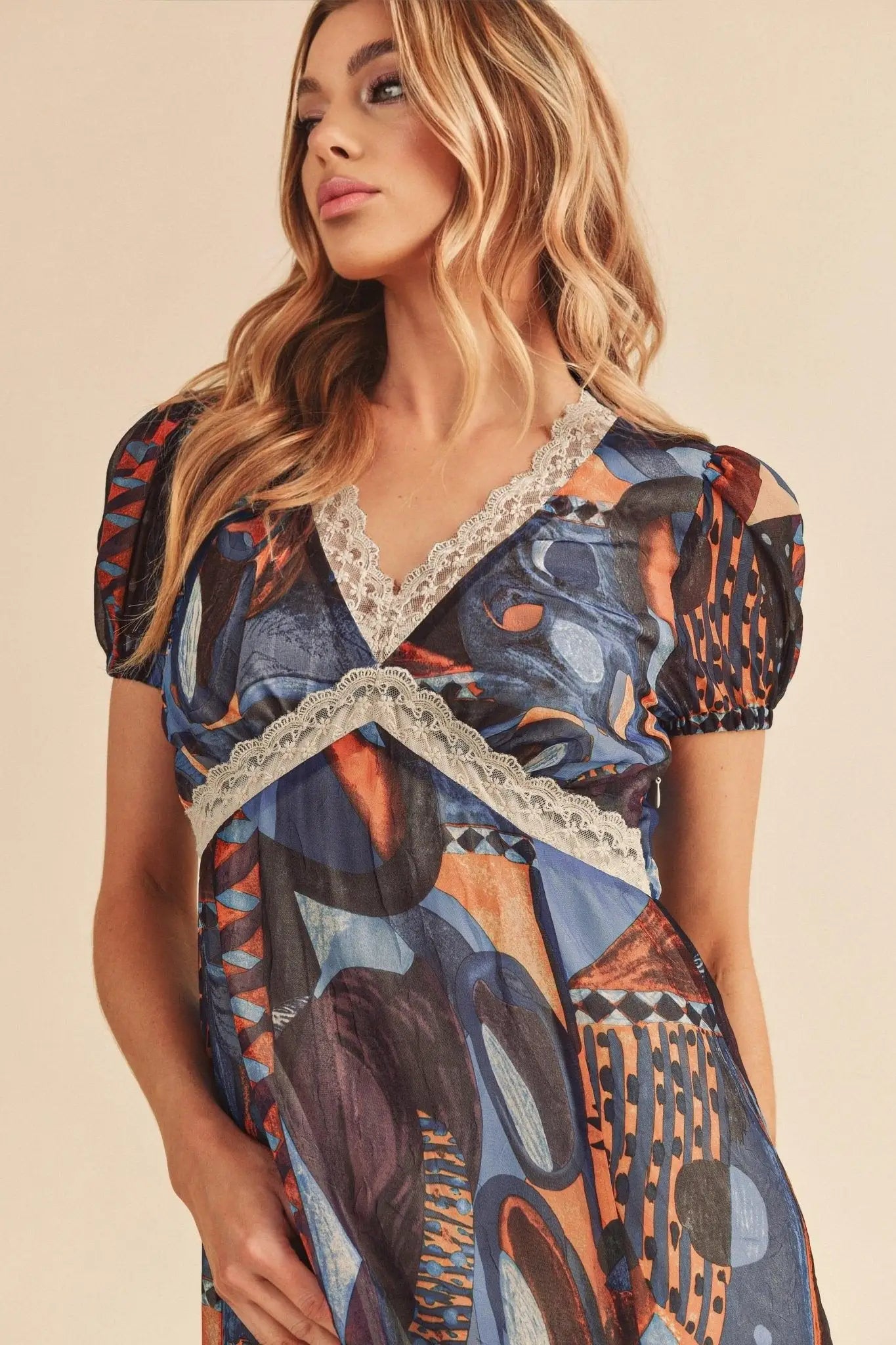 Geometric Print Short Sleeve Maxi Dress - Short Sleeve Maxi Dresses