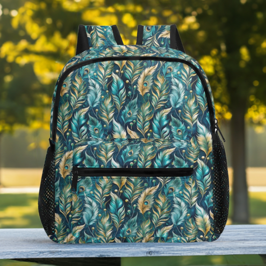 11 inch backpack with artistic peacock feathers print sitting on wood table outdoors