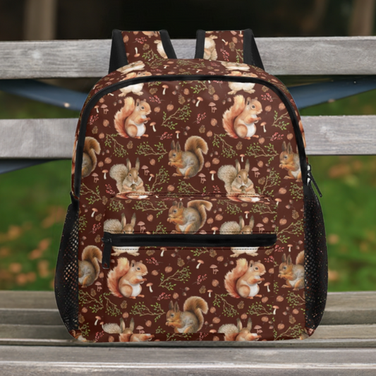 Squirrel print backpack sitting on park bench