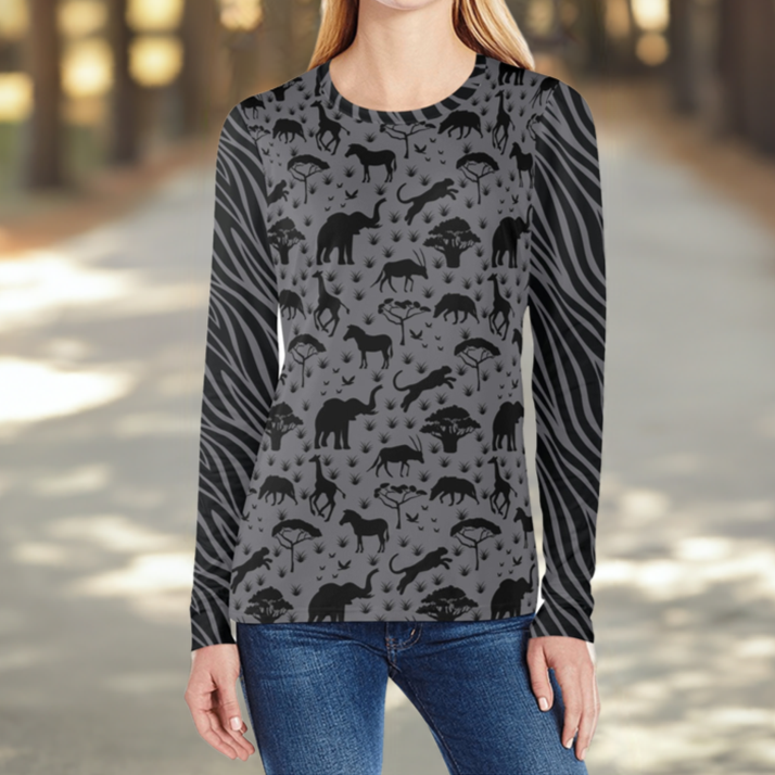 African Safari Animals Long Sleeve T-Shirt shown on model in park setting