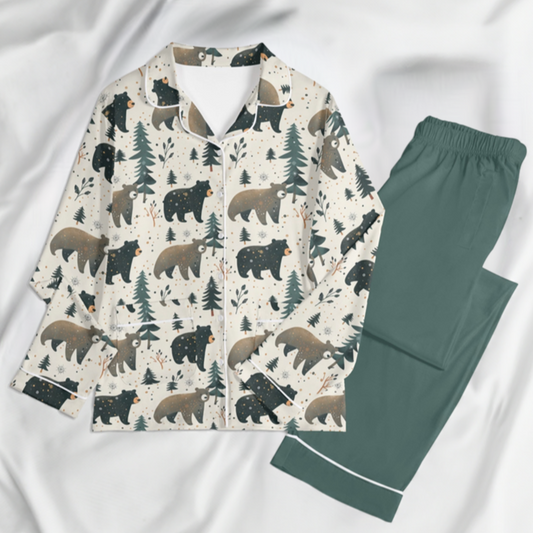 Bears and Trees pajama set shown on white sheet background