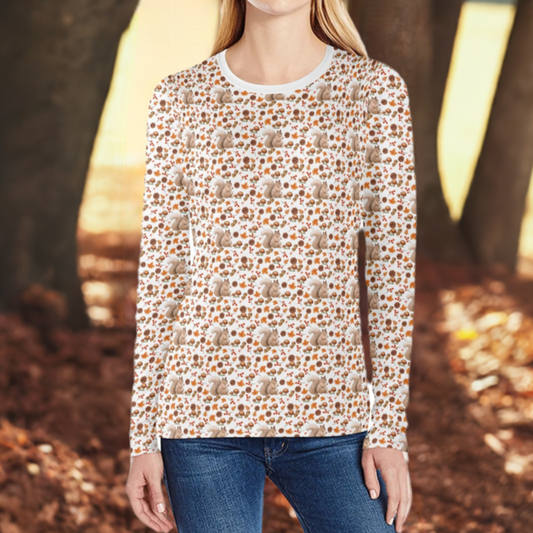 Model front view squirrel print long sleeve tshirt in front of trees 