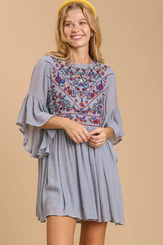 Gray Floral Embroidered Bell Sleeve Keyhole Dress Plus Size