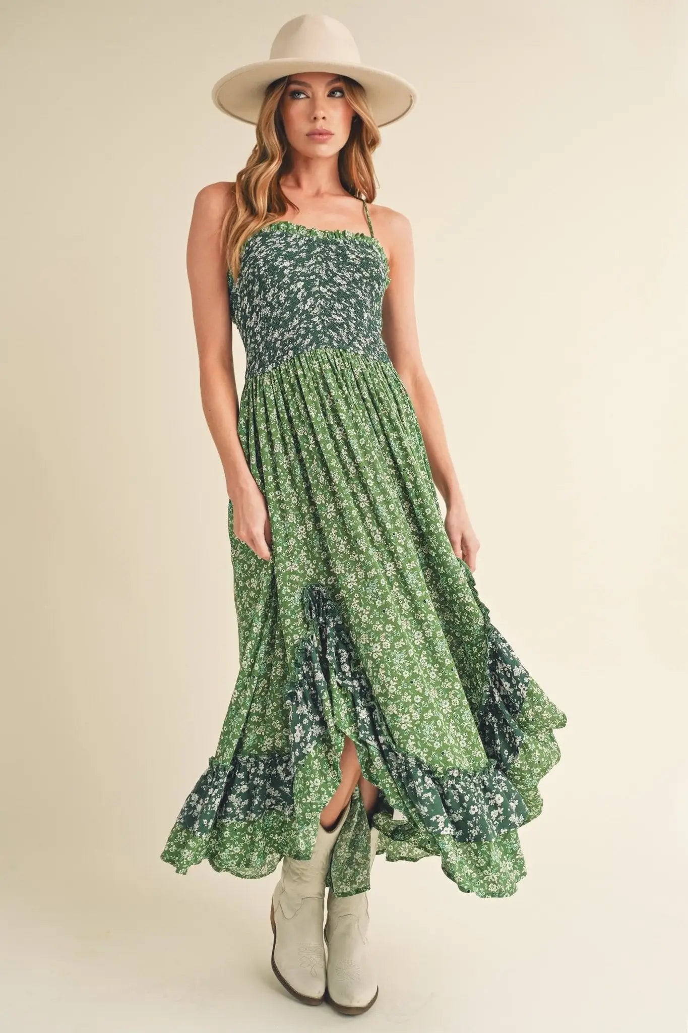 Green Floral Ruffled Hem Maxi Cami Dress - Maxi Dresses