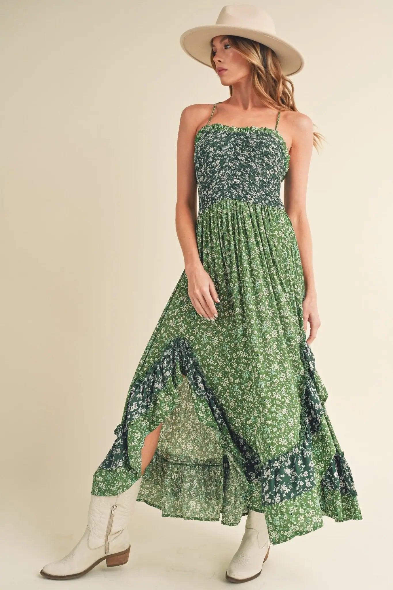 Green Floral Ruffled Hem Maxi Cami Dress - Maxi Dresses