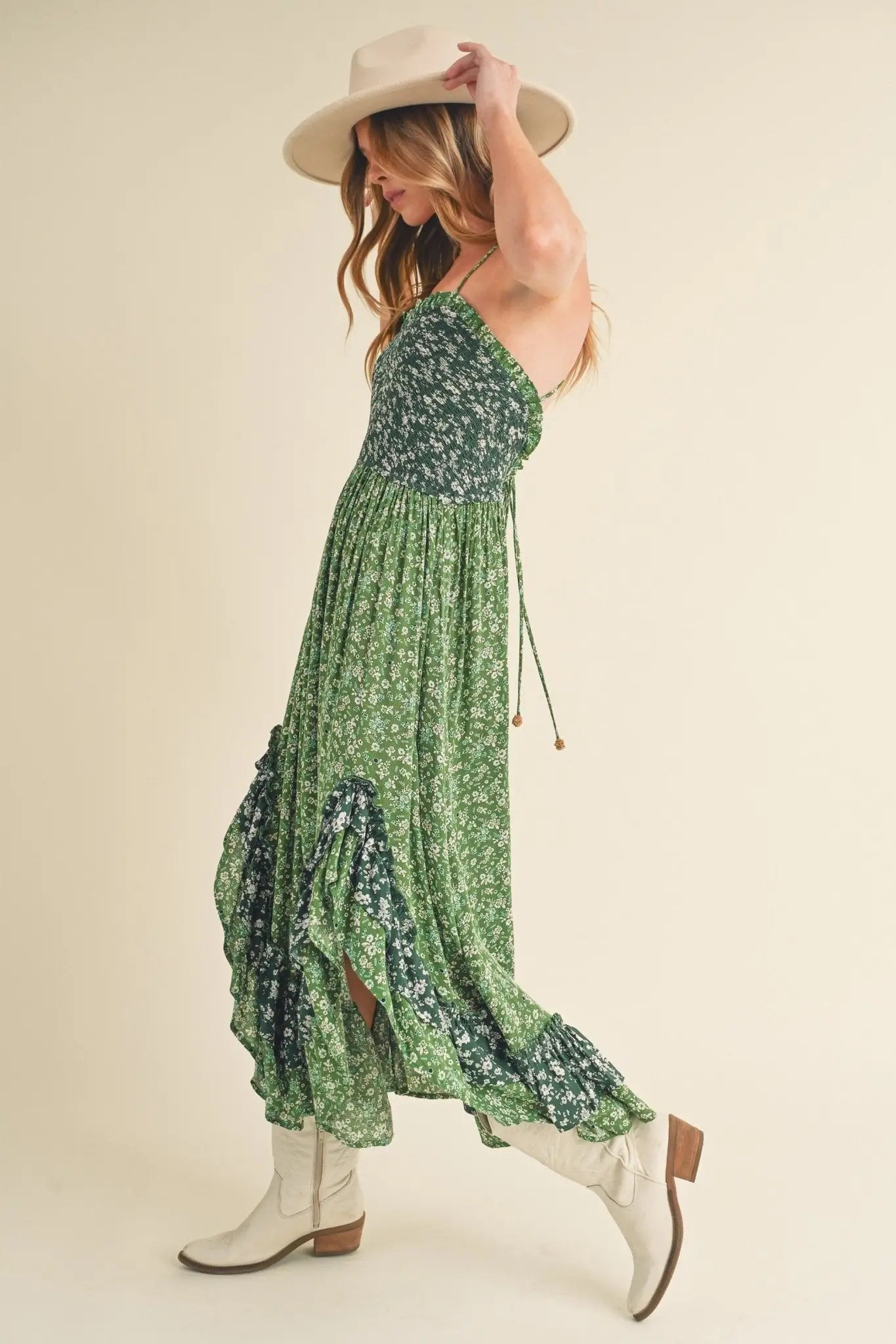 Green Floral Ruffled Hem Maxi Cami Dress - Maxi Dresses
