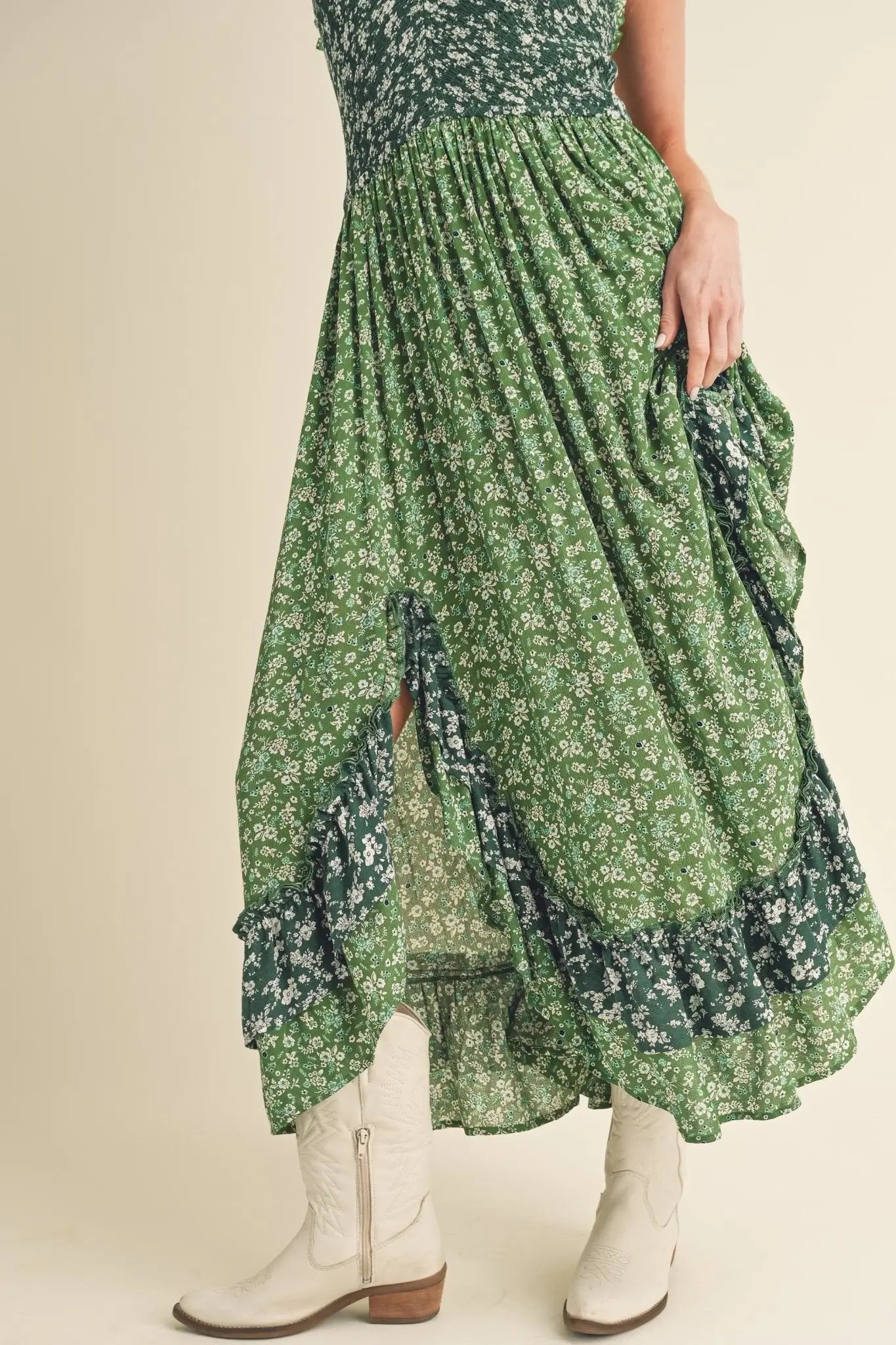 Green Floral Ruffled Hem Maxi Cami Dress - Maxi Dresses