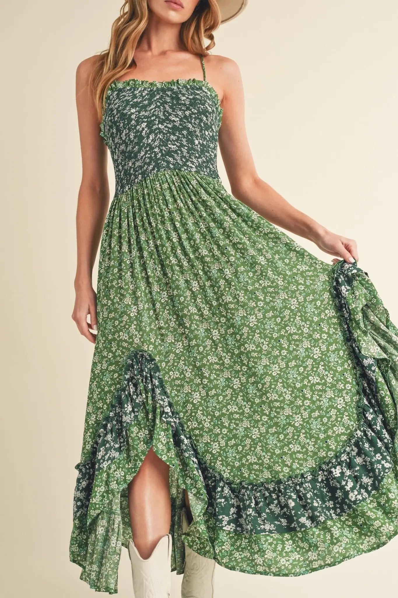 Green Floral Ruffled Hem Maxi Cami Dress - Maxi Dresses