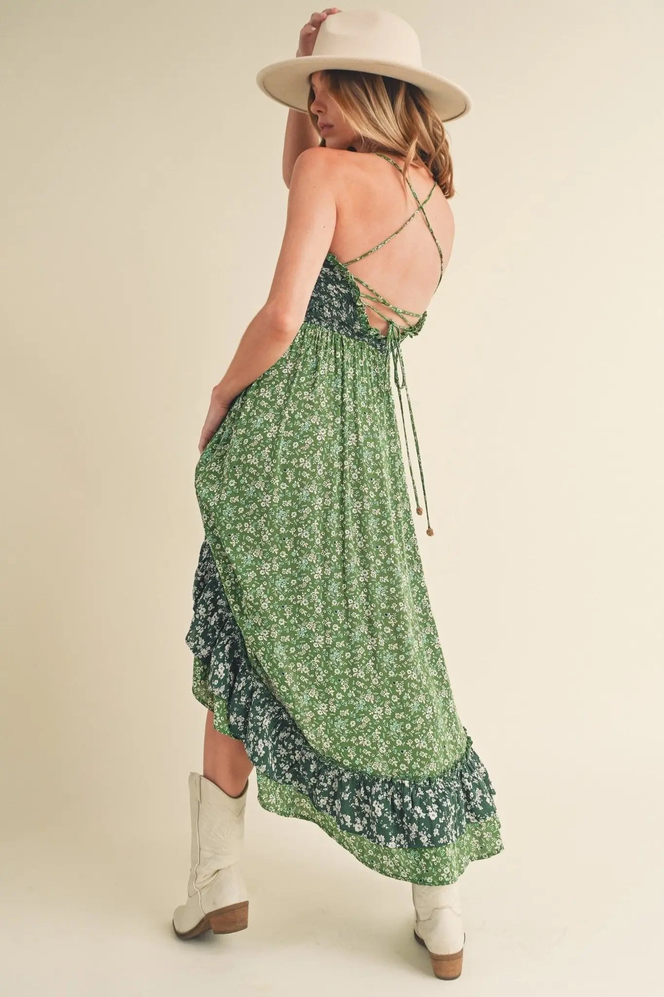 Green Floral Ruffled Hem Maxi Cami Dress - Maxi Dresses