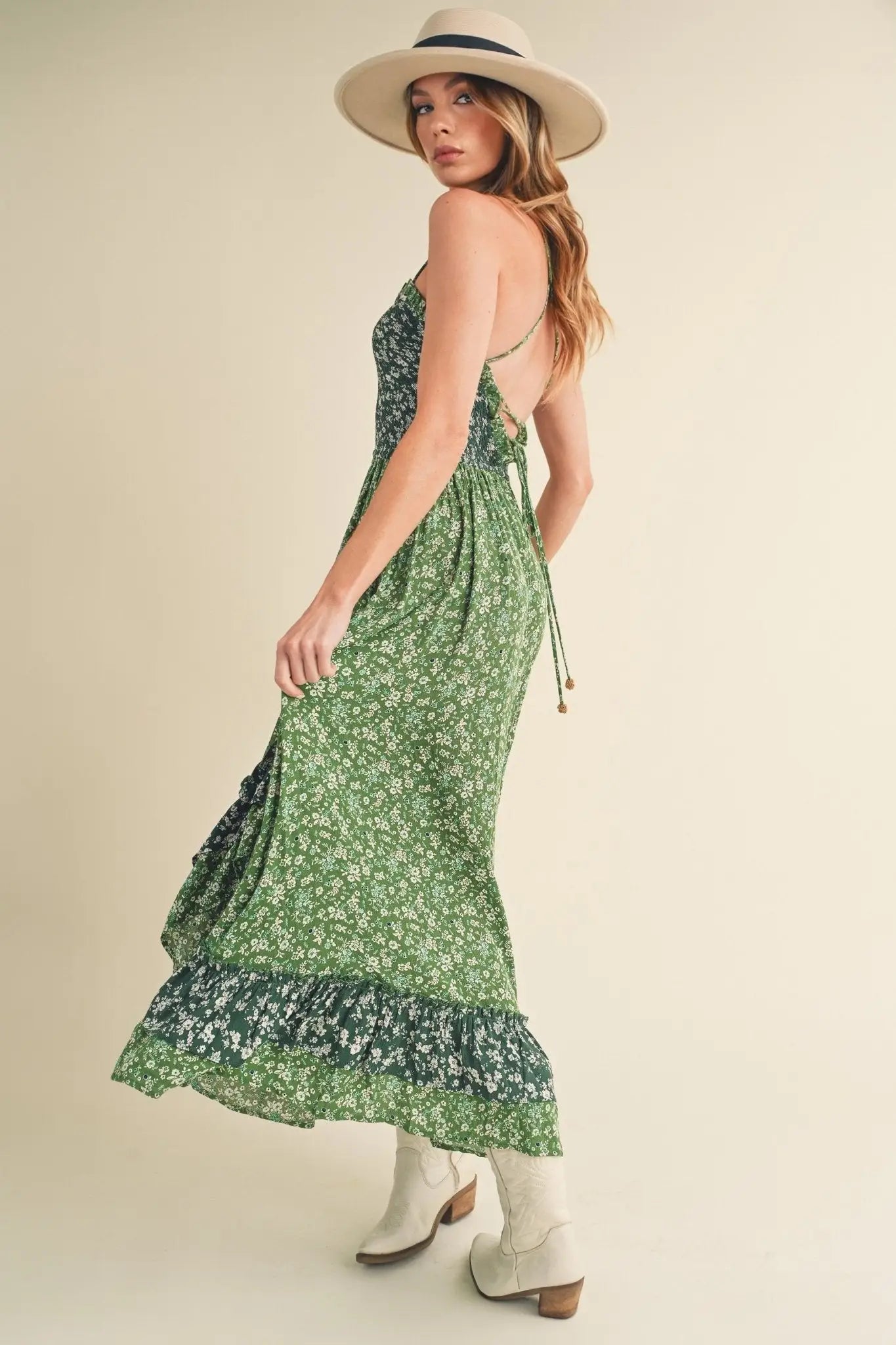 Green Floral Ruffled Hem Maxi Cami Dress - Maxi Dresses