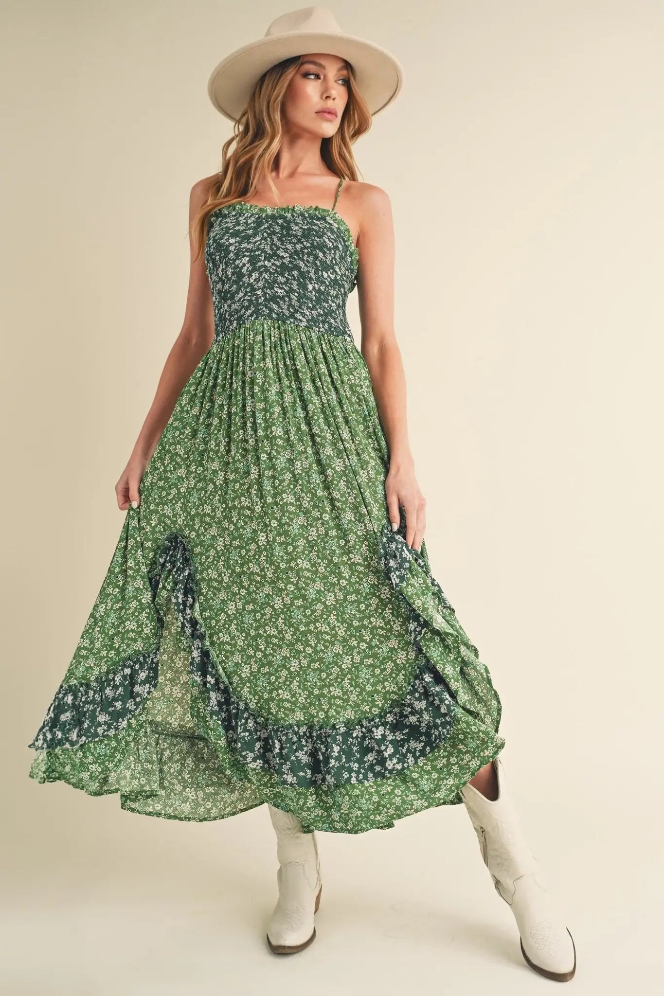 Green Floral Ruffled Hem Maxi Cami Dress - Maxi Dresses